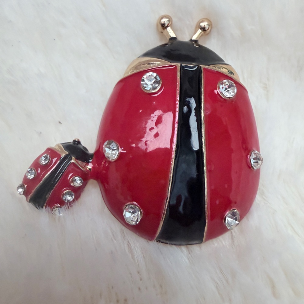 Ladybug Pin Brooch with Rhinestones - Red enameled